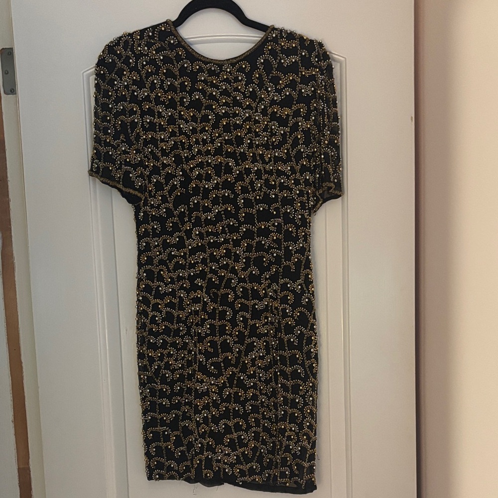 Oleg Cassini Black Dress with Gold Bead Embellishment